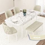 Canisa Concept Jae Serisi Açılabilir 80X132 Beyaz Mermer Desen Mutfak Masası Takımı ve 4 Sandalye 1 Bench - Krem