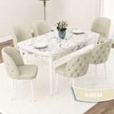 Canisa Concept Jae Serisi Açılabilir 80X132 Beyaz Mermer Desen Mutfak Masası Takımı ve 6 Sandalye - Krem