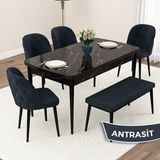 Canisa Concept Jae Serisi Açılabilir 80X132 Siyah Mermer Desen Mutfak Masası Takımı ve 4 Sandalye 1 Bench - Antrasit