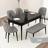 Canisa Concept Jae Serisi Açılabilir 80X132 Siyah Mermer Desen Mutfak Masası Takımı ve 4 Sandalye 1 Bench - Gri