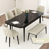 Canisa Concept Jae Serisi Açılabilir 80X132 Siyah Mermer Desen Mutfak Masası Takımı ve 4 Sandalye 1 Bench - Krem