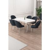 Canisa Concept Jita Serisi 90X168 Lak Panel Beyaz Mermer Desen Krom Ayak Masa Takımı Ve 6 Antrasit Sandalye