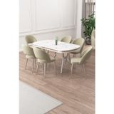 Canisa Concept Jita Serisi 90X168 Lak Panel Beyaz Mermer Desen Krom Ayak Masa Takımı Ve 6 Krem Sandalye