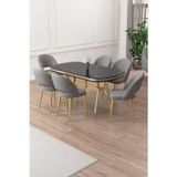 Canisa Concept Jita Serisi 90X168 Lak Panel Siyah Mermer Gold Ayak Masa Takımı Ve 6 Gri Sandalye