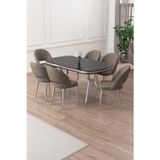 Canisa Concept Jita Serisi 90X168 Lak Panel Siyah Mermer Krom Ayak Masa Takımı Ve 6 Cappucino Sandalye