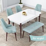 Canisa Concept Kar Serisi 80 x 132 cm Açılabilir Mdf Masa Takımı Beyaz Masa Ceviz Ayak 4 Sandalye 1 Bench - 80x132 - Su Yeşili
