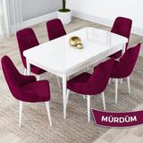 Canisa Concept Kar Serisi 80 x 132 cm Açılabilir Mdf Mutfak Masa Takımı Beyaz Masa 6 Sandalye - Mürdüm