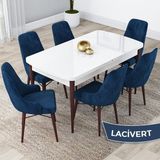 Canisa Concept Kar Serisi 80 x 132 cm Açılabilir Mdf Mutfak Masa Takımı Beyaz Masa Ceviz Masa 6 Sandalye - Lacivert