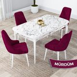 Canisa Concept Kar Serisi 80 x 132 cm Açılabilir Mdf Mutfak Masa Takımı Beyaz Mermer Desen Masa 4 Sandalye - Mürdüm