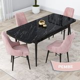 Canisa Concept Kar Serisi 80 x 132 cm Açılabilir Mdf Mutfak Masa Takımı Siyah Mermer Desen Masa 4 Sandalye - Pembe