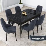 Canisa Concept Kar Serisi 80 x 132 cm Açılabilir Mdf Mutfak Masa Takımı Siyah Mermer Desen Masa 6 Sandalye - 80x132 - Antrasit