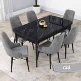 Canisa Concept Kar Serisi 80 x 132 cm Açılabilir Mdf Mutfak Masa Takımı Siyah Mermer Desen Masa 6 Sandalye - Gri