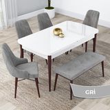 Canisa Concept Kar Serisi, 80X132 Açılabilir Mdf Masa Takımı, Beyaz Masa Ceviz Ayak 4 Sandalye 1 Bench - Gri