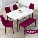 Canisa Concept Kar Serisi, 80X132 Açılabilir Mdf Masa Takımı, Beyaz Masa Ceviz Ayak 4 Sandalye 1 Bench - Mürdüm
