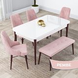 Canisa Concept Kar Serisi, 80X132 Açılabilir Mdf Masa Takımı, Beyaz Masa Ceviz Ayak 4 Sandalye 1 Bench - Pembe