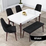 Canisa Concept Kar Serisi, 80X132 Açılabilir Mdf Masa Takımı, Beyaz Masa Ceviz Ayak 4 Sandalye 1 Bench - Siyah
