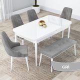 Canisa Concept Kar Serisi, 80X132 Açılabilir Mdf Mutfak Masa Takımı, Beyaz Masa 4 Sandalye ve 1 Bench - Gri
