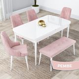 Canisa Concept Kar Serisi, 80X132 Açılabilir Mdf Mutfak Masa Takımı, Beyaz Masa 4 Sandalye ve 1 Bench - Pembe