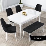 Canisa Concept Kar Serisi, 80X132 Açılabilir Mdf Mutfak Masa Takımı, Beyaz Masa 4 Sandalye ve 1 Bench - Siyah