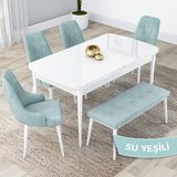 Canisa Concept Kar Serisi, 80X132 Açılabilir Mdf Mutfak Masa Takımı, Beyaz Masa 4 Sandalye ve 1 Bench - Su Yeşili