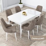 Canisa Concept Kar Serisi, 80X132 Açılabilir Mdf Mutfak Masa Takımı, Beyaz Masa 6 Sandalye - Cappucino