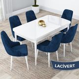 Canisa Concept Kar Serisi, 80X132 Açılabilir Mdf Mutfak Masa Takımı, Beyaz Masa 6 Sandalye - Lacivert