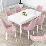Canisa Concept Kar Serisi, 80X132 Açılabilir Mdf Mutfak Masa Takımı, Beyaz Masa 6 Sandalye - Pembe
