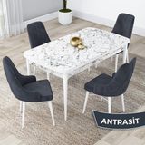 Canisa Concept Kar Serisi, 80X132 Açılabilir Mdf Mutfak Masa Takımı, Beyaz Mermer Desen Masa 4 Sandalye - Antrasit