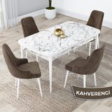 Canisa Concept Kar Serisi, 80X132 Açılabilir Mdf Mutfak Masa Takımı, Beyaz Mermer Desen Masa 4 Sandalye - Kahverengi
