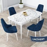 Canisa Concept Kar Serisi, 80X132 Açılabilir Mdf Mutfak Masa Takımı, Beyaz Mermer Desen Masa 4 Sandalye - Lacivert