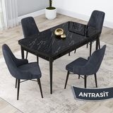 Canisa Concept Kar Serisi, 80X132 Açılabilir Mdf Mutfak Masa Takımı, Siyah Mermer Desen Masa 4 Sandalye - Antrasit