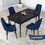 Canisa Concept Kar Serisi, 80X132 Açılabilir Mdf Mutfak Masa Takımı, Siyah Mermer Desen Masa 4 Sandalye - Lacivert
