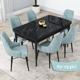 Canisa Concept Kar Serisi, 80X132 Açılabilir Mdf Mutfak Masa Takımı, Siyah Mermer Desen Masa 6 Sandalye - Beyaz