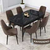 Canisa Concept Kar Serisi, 80X132 Açılabilir Mdf Mutfak Masa Takımı, Siyah Mermer Desen Masa 6 Sandalye - Kahverengi