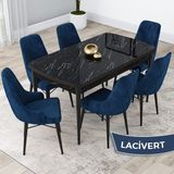 Canisa Concept Kar Serisi, 80X132 Açılabilir Mdf Mutfak Masa Takımı, Siyah Mermer Desen Masa 6 Sandalye - Lacivert