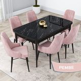 Canisa Concept Kar Serisi, 80X132 Açılabilir Mdf Mutfak Masa Takımı, Siyah Mermer Desen Masa 6 Sandalye - Pembe