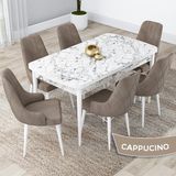 Canisa Concept Kar Serisi Açılabilir 80 x 132 cm Mdf Mutfak Masa Takımı Beyaz Mermer Desen Masa 6 Sandalye - 80x132 - Cappucino