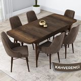 Canisa Concept Kar Serisi, Açılabilir 80X132 Mdf Mutfak Masa Takımı, Barok Ahşap Desen Masa 6 Sandalye - Kahverengi