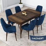 Canisa Concept Kar Serisi, Açılabilir 80X132 Mdf Mutfak Masa Takımı, Barok Ahşap Desen Masa 6 Sandalye - Lacivert