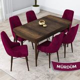 Canisa Concept Kar Serisi, Açılabilir 80X132 Mdf Mutfak Masa Takımı, Barok Ahşap Desen Masa 6 Sandalye - Mürdüm
