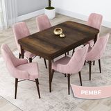 Canisa Concept Kar Serisi, Açılabilir 80X132 Mdf Mutfak Masa Takımı, Barok Ahşap Desen Masa 6 Sandalye - Pembe