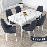 Canisa Concept Kar Serisi, Açılabilir 80X132 Mdf Mutfak Masa Takımı, Beyaz Mermer Desen Masa 6 Sandalye - Antrasit
