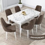 Canisa Concept Kar Serisi, Açılabilir 80X132 Mdf Mutfak Masa Takımı, Beyaz Mermer Desen Masa 6 Sandalye - Kahverengi