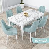 Canisa Concept Kar Serisi, Açılabilir 80X132 Mdf Mutfak Masa Takımı, Beyaz Mermer Desen Masa 6 Sandalye - Su Yeşili