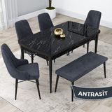 Canisa Concept Kar Serisi, Mdf 80X132 Açılabilir Masa Takımı, Siyah Mermer Desen Masa, 4 Sandalye 1 Bench - Antrasit