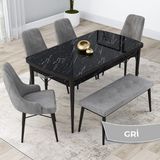 Canisa Concept Kar Serisi, Mdf 80X132 Açılabilir Masa Takımı, Siyah Mermer Desen Masa, 4 Sandalye 1 Bench - Gri