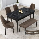Canisa Concept Kar Serisi, Mdf 80X132 Açılabilir Masa Takımı, Siyah Mermer Desen Masa, 4 Sandalye 1 Bench - Kahverengi