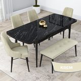 Canisa Concept Kar Serisi, Mdf 80X132 Açılabilir Masa Takımı, Siyah Mermer Desen Masa, 4 Sandalye 1 Bench - Krem