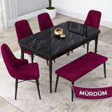 Canisa Concept Kar Serisi, Mdf 80X132 Açılabilir Masa Takımı, Siyah Mermer Desen Masa, 4 Sandalye 1 Bench - Mürdüm
