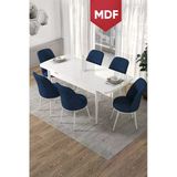 Canisa Concept Kor Serisi, 70X114 Açılabilir Mdf Beyaz Yemek Masası Takımı,6 Lacivert Sandalye